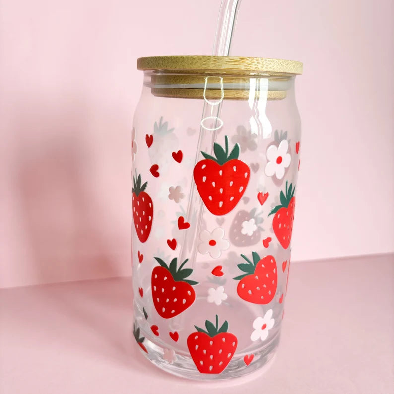 Strawberries and hearts iced coffee cup, reusable cold coffee travel mug