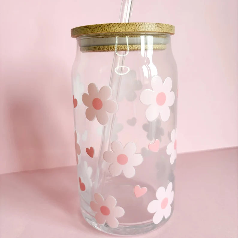 Pink flowers and hearts glass coffee cup, reusable iced coffee mug, travel mug