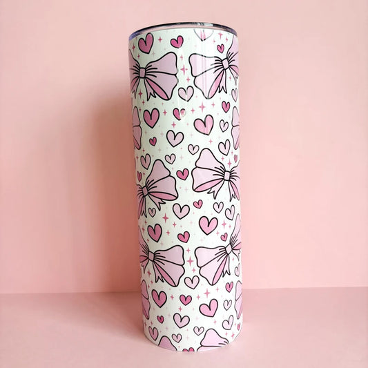 20oz stainless steel metal tumbler with cute pink bows and hearts