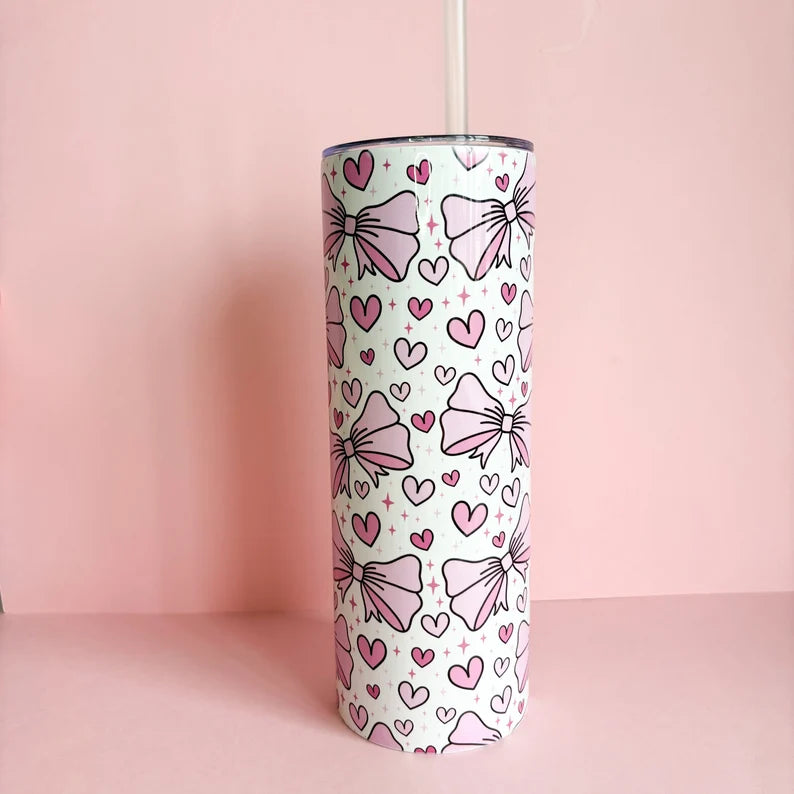 20oz stainless steel metal tumbler with cute pink bows and hearts