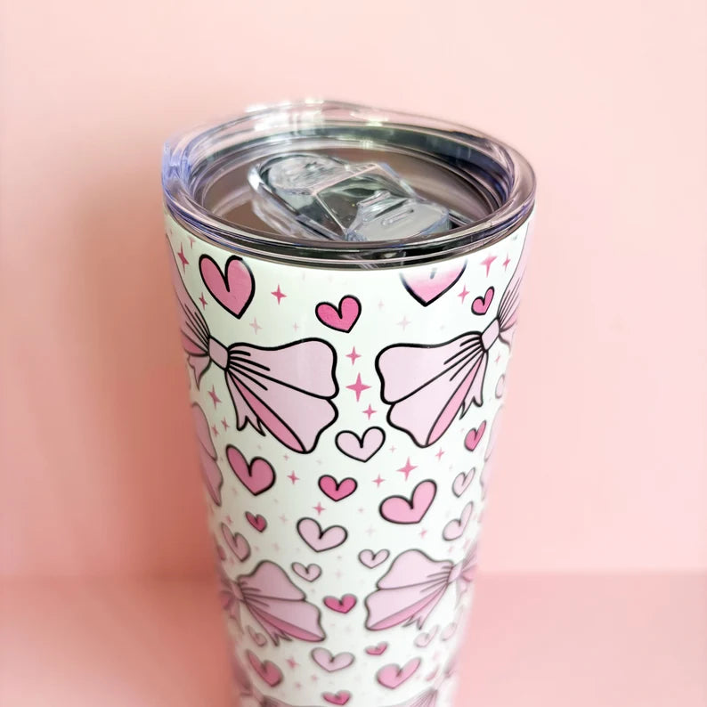 20oz stainless steel metal tumbler with cute pink bows and hearts