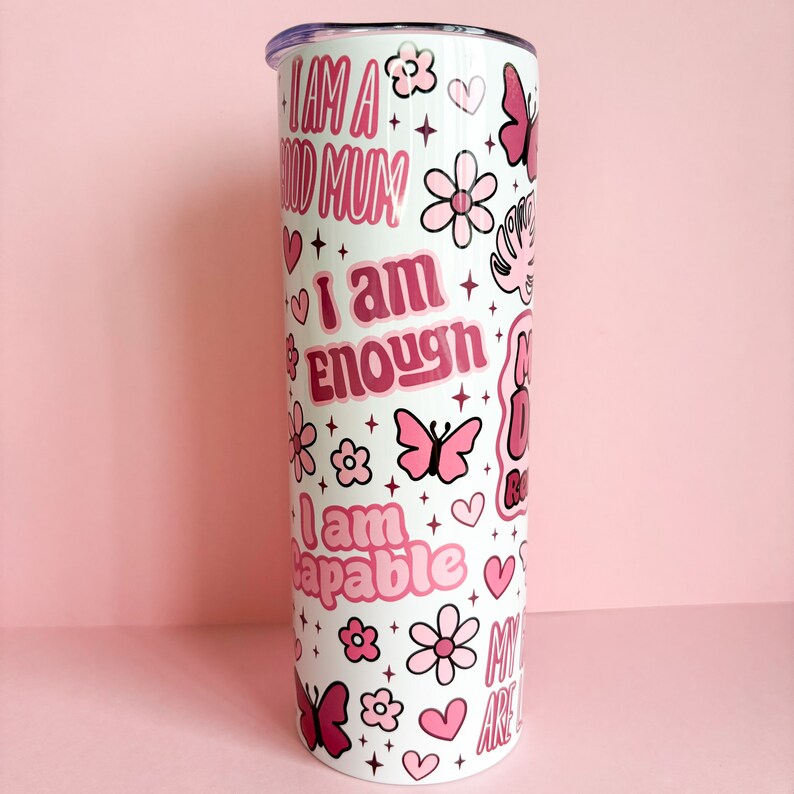 20oz reusable metal tumbler with 'daily mum reminders', new mum gift, metal travel flask