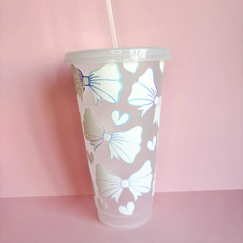 Reusable cold cup with bows, cute drinkware, iced coffee cup, eco friendly coffee cup, travel mug, tumbler with lid and straw