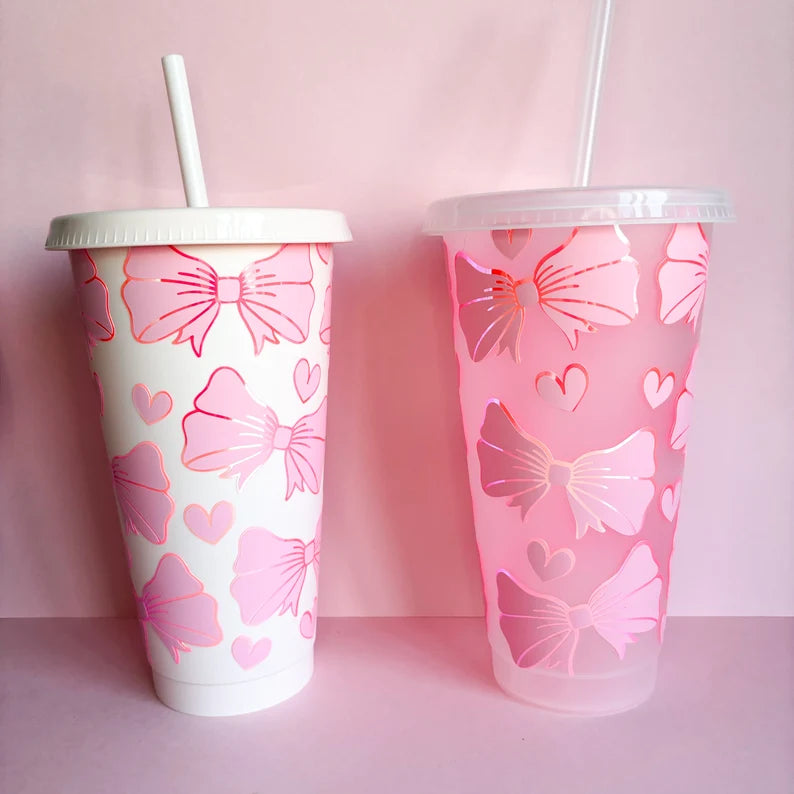 Reusable cold cup with bows, cute drinkware, iced coffee cup, eco friendly coffee cup, travel mug, tumbler with lid and straw