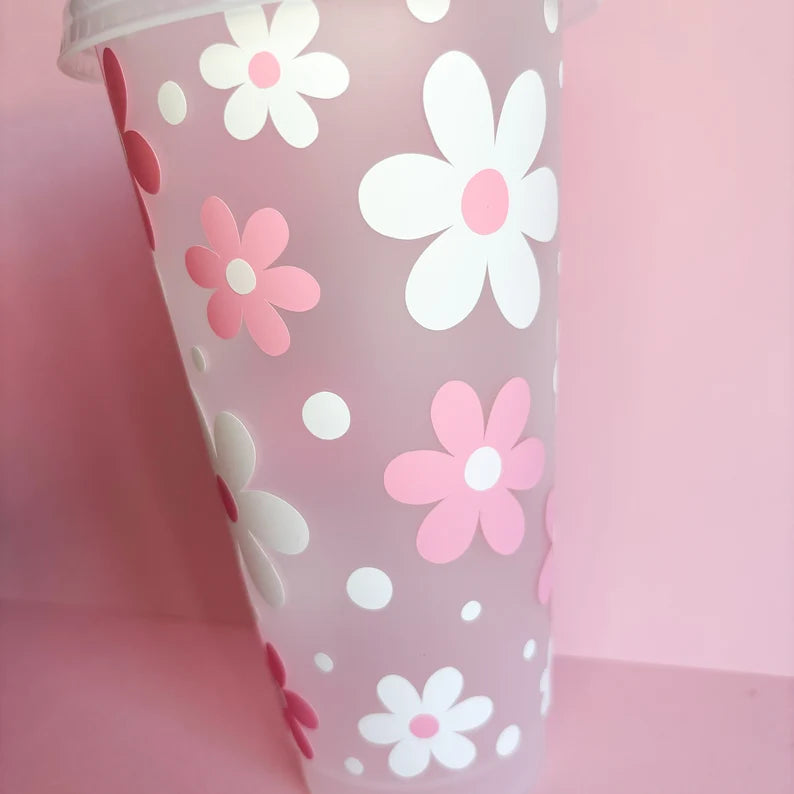 Reusable cold cup with flowers, iced coffee cup, tumbler with lid and straw, cute drinkware, reusable travel mug, gift idea for her