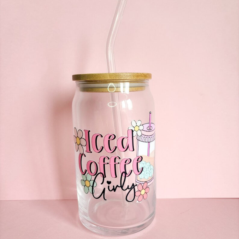 Iced Coffee Girly 16oz Libby Glass can, Reusable cold coffee travel mug with bamboo lid and glass straw