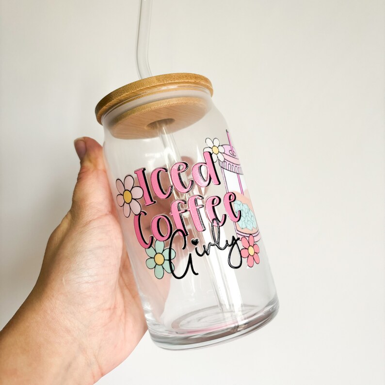 Iced Coffee Girly 16oz Libby Glass can, Reusable cold coffee travel mug with bamboo lid and glass straw