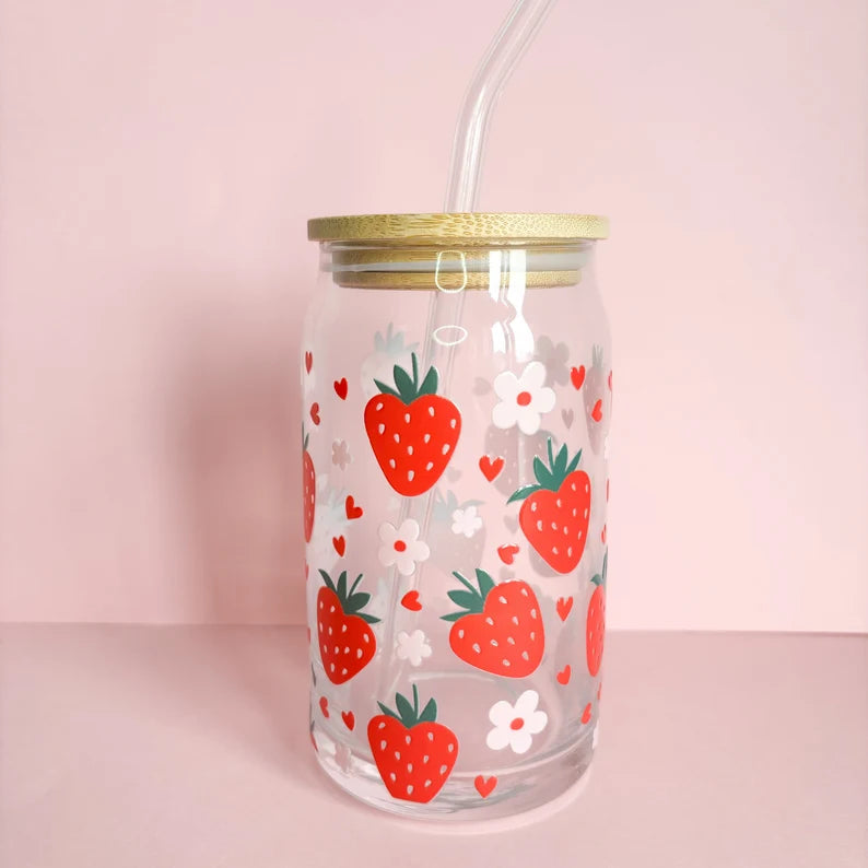 Strawberries and hearts iced coffee cup, reusable cold coffee travel mug