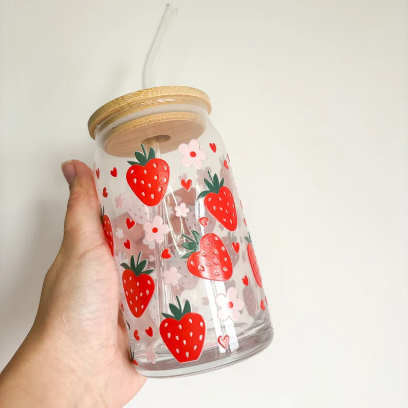 Strawberries and hearts iced coffee cup, reusable cold coffee travel mug