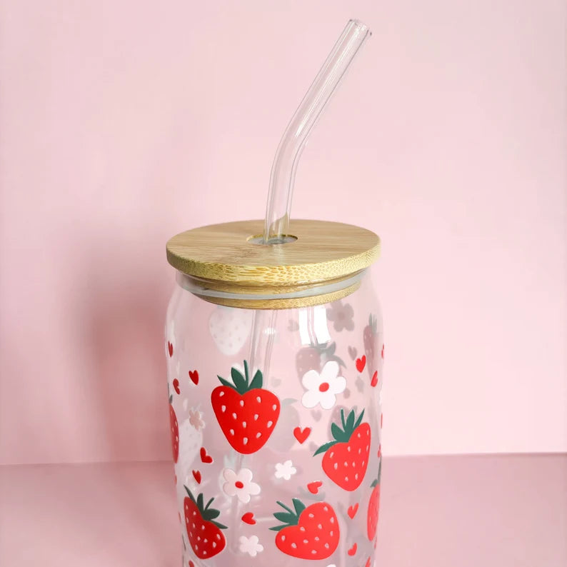 Strawberries and hearts iced coffee cup, reusable cold coffee travel mug