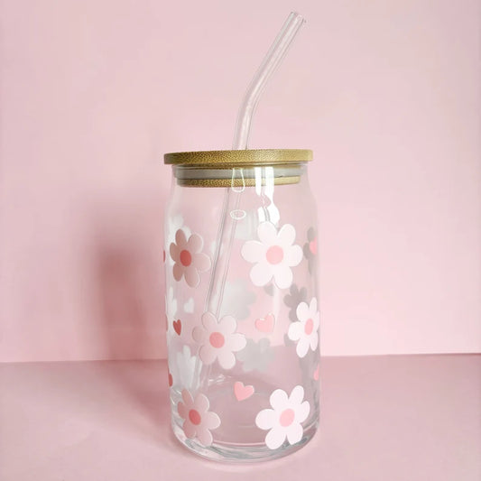 Pink flowers and hearts glass coffee cup, reusable iced coffee mug, travel mug