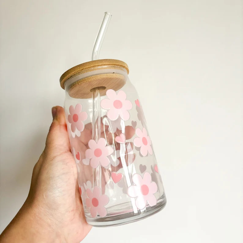 Pink flowers and hearts glass coffee cup, reusable iced coffee mug, travel mug