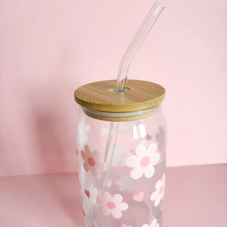 Pink flowers and hearts glass coffee cup, reusable iced coffee mug, travel mug