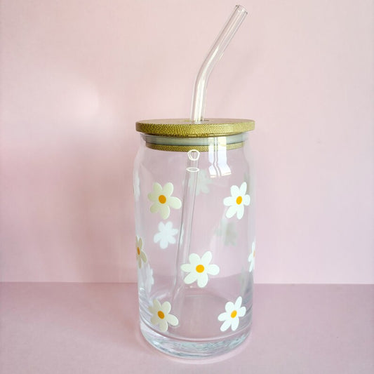 16oz Libby Glass Can with cute flowers, reusable drinkware, cold coffee cup with lid and straw, travel mug