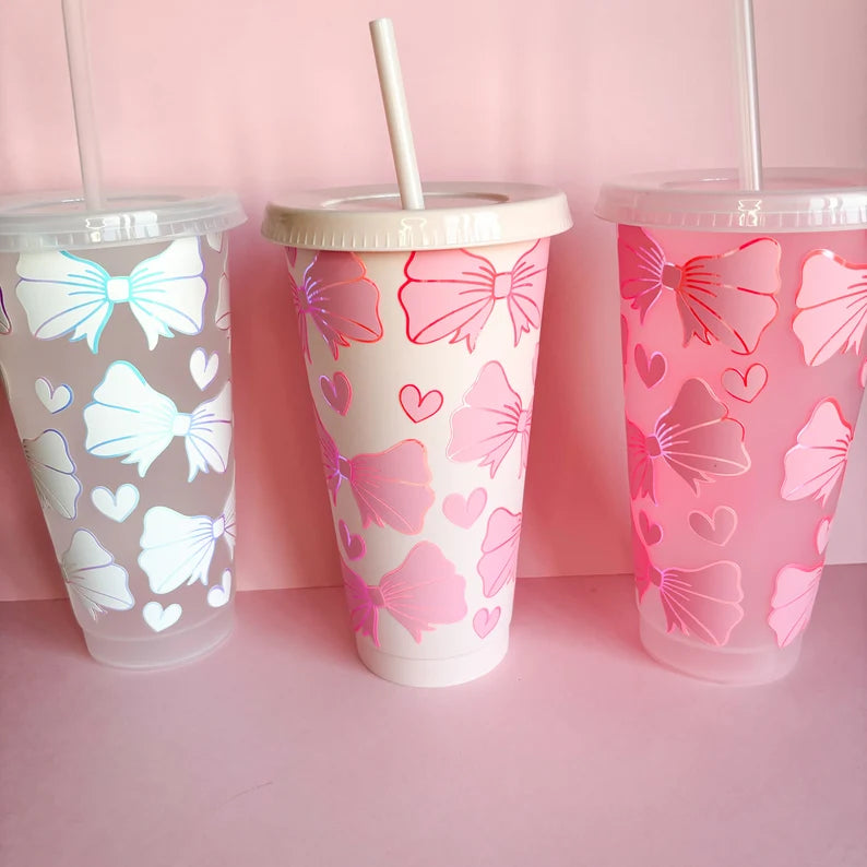 Reusable cold cup with bows, cute drinkware, iced coffee cup, eco friendly coffee cup, travel mug, tumbler with lid and straw