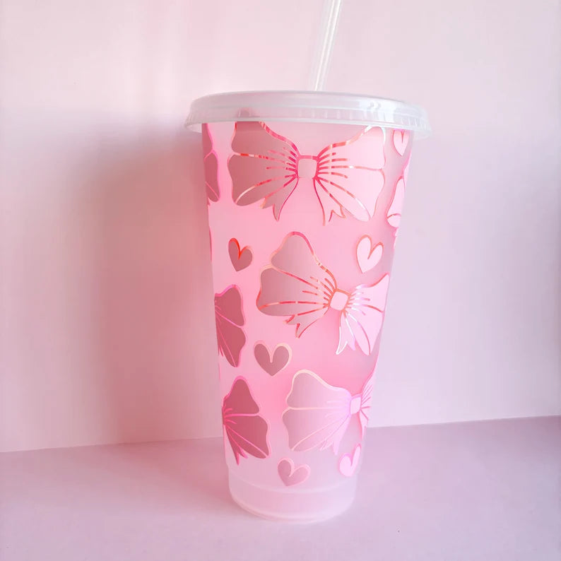 Reusable cold cup with bows, cute drinkware, iced coffee cup, eco friendly coffee cup, travel mug, tumbler with lid and straw