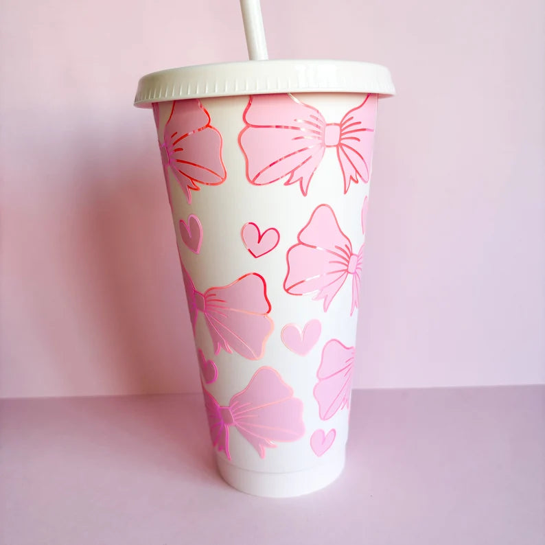 Reusable cold cup with bows, cute drinkware, iced coffee cup, eco friendly coffee cup, travel mug, tumbler with lid and straw