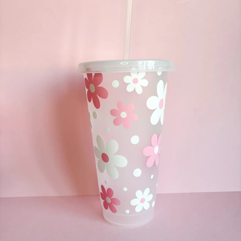 Reusable cold cup with flowers, iced coffee cup, tumbler with lid and straw, cute drinkware, reusable travel mug, gift idea for her