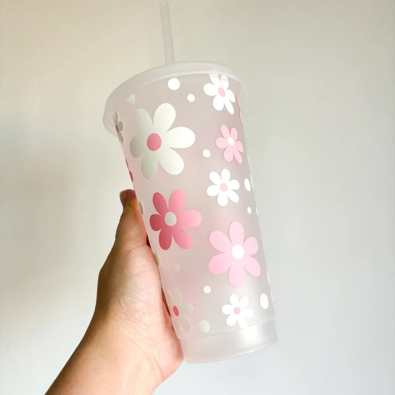 Reusable cold cup with flowers, iced coffee cup, tumbler with lid and straw, cute drinkware, reusable travel mug, gift idea for her