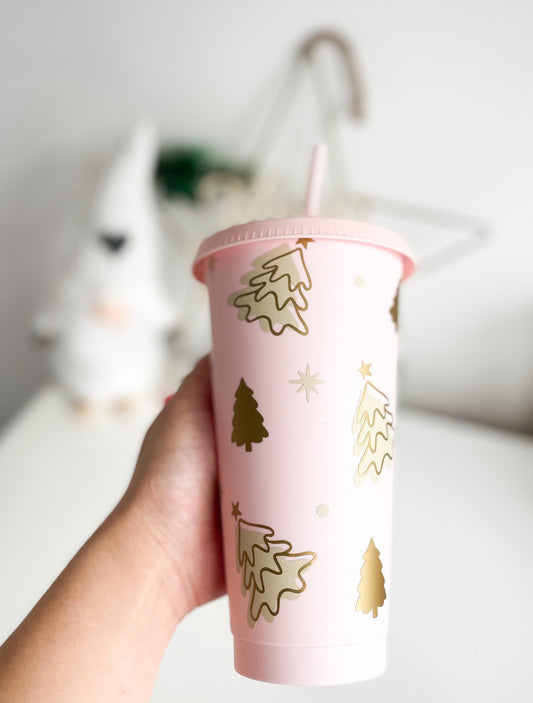 Christmas Tree Reusable Cold Cup, 24oz Reusable Cold Cup, Christmas Tree Design, Christmas Cold Cup, Tumbler with Lid and Straw, Coffee Cup