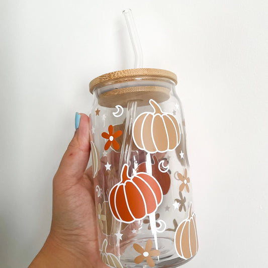 Autumn and pumpkins 16oz Glass Can, Iced coffee cup, reusable cup, cup with lid and straw, halloween glass mug, Bamboo lid, glass straw can