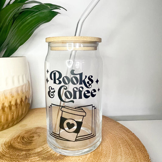 Book Lover's 16oz Reusable Glass Can, Coffee and Books Themed Travel Mug, Glass can with bamboo lid and glass straw, Christmas gift idea