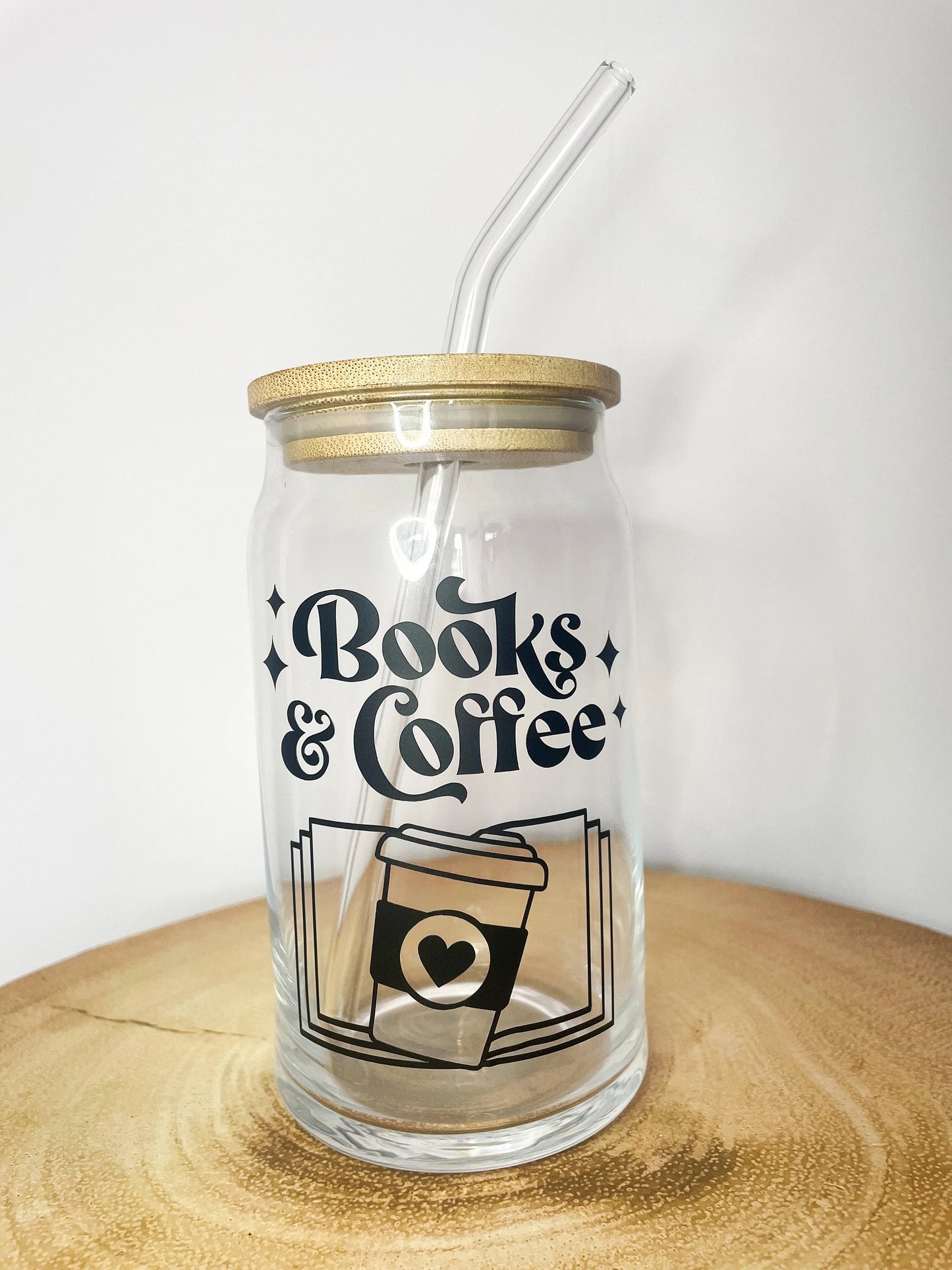 Book Lover's 16oz Reusable Glass Can, Coffee and Books Themed Travel Mug, Glass can with bamboo lid and glass straw, Christmas gift idea