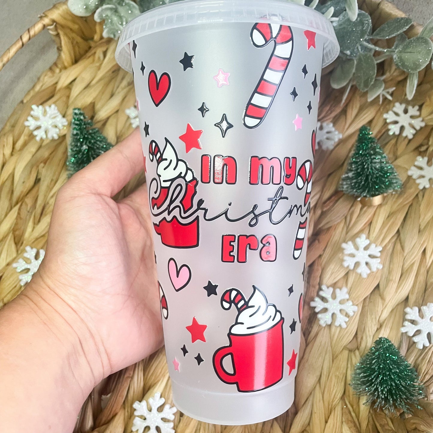 24oz Reusable Christmas Era Cold Coffee cup, red and green cold coffee cup, coffee travel mug, tumbler with lid and straw, eco - friendly