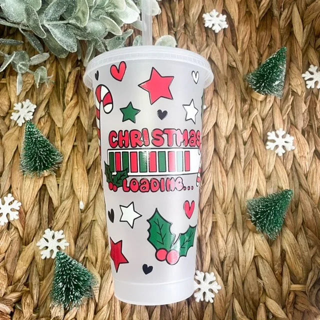 24oz Reusable Christmas Loading Iced Coffee Cup, Tumbler with lid and straw, BPA Free coffee mug, Red and Green Christmas Cup, Christmas Eve