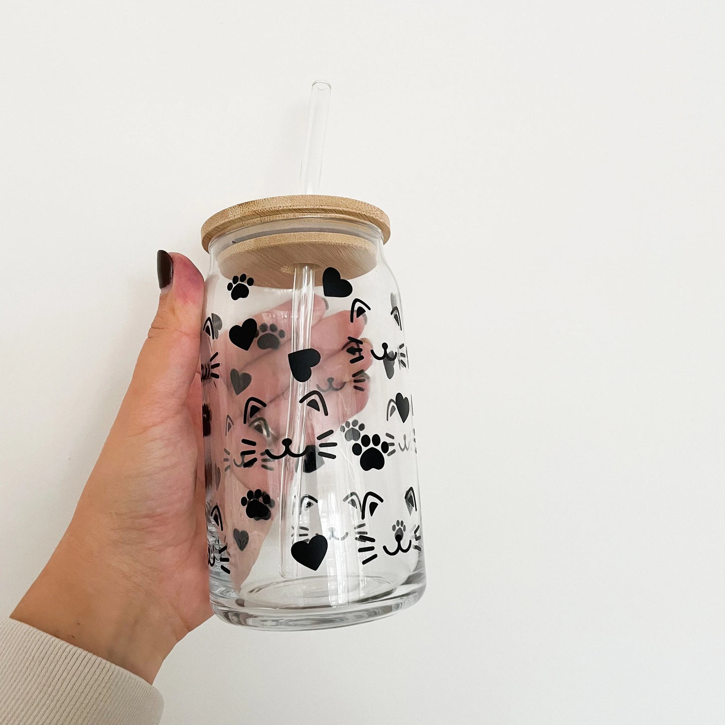 Cat glass can with bamboo lid and glass straw, Cat coffee cup, cute cat glass cup, cat paw glass with straw, animal lover gift, 16oz Coffee Mug