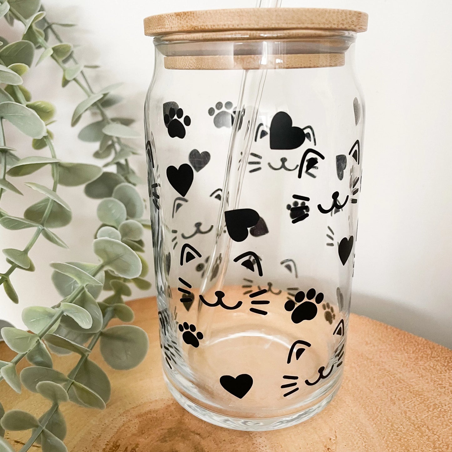 Cat glass can with bamboo lid and glass straw, Cat coffee cup, cute cat glass cup, cat paw glass with straw, animal lover gift, 16oz Coffee Mug