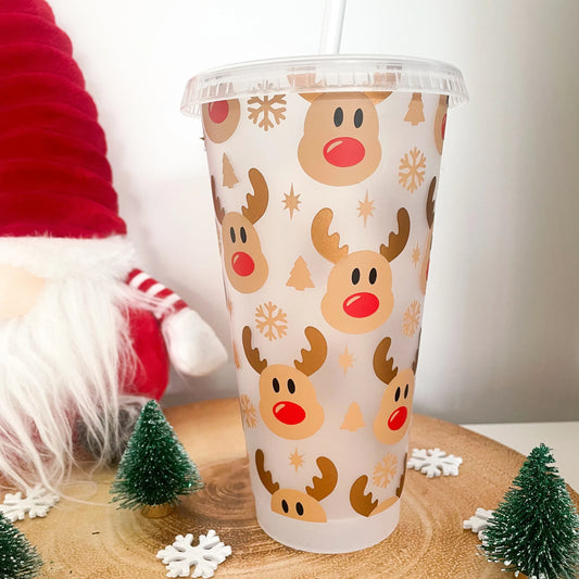 24oz Reusable Christmas Reindeer Cold Coffee Cup, Tumbler with lid and straw, Christmas Coffee Mug, Reindeer Reusable Travel Coffee Cup