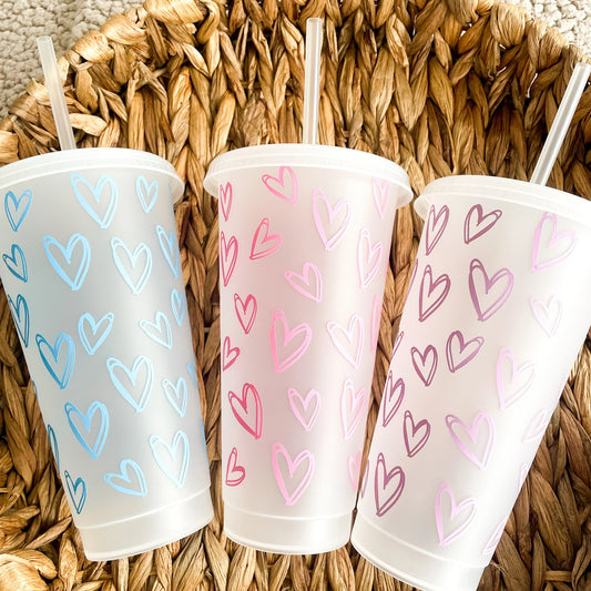 Reusable Cold Cup with pink hearts, Iced coffee cup, tumbler with lid and straw, Coffee mug with hearts, Custom drinkware, gift for her