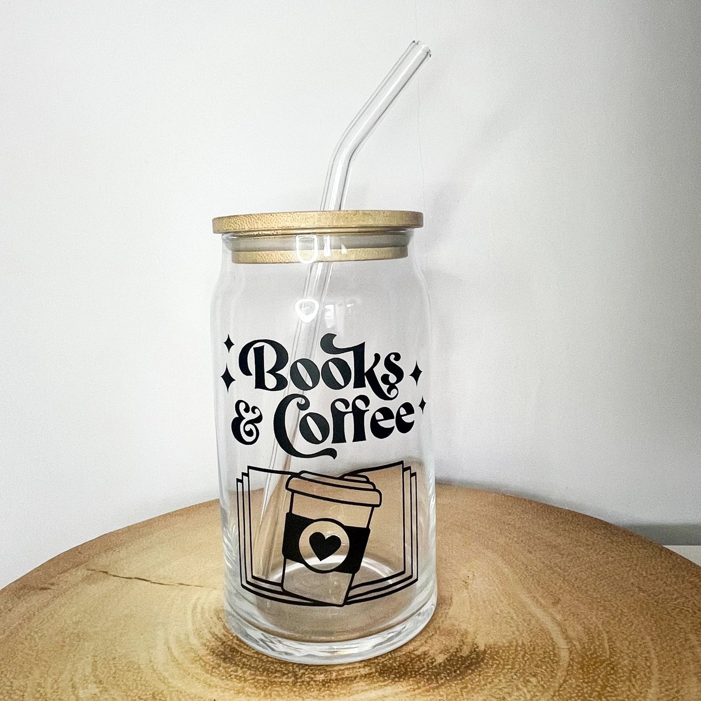 Book Lover's 16oz Reusable Glass Can, Coffee and Books Themed Travel Mug, Glass can with bamboo lid and glass straw, Christmas gift idea