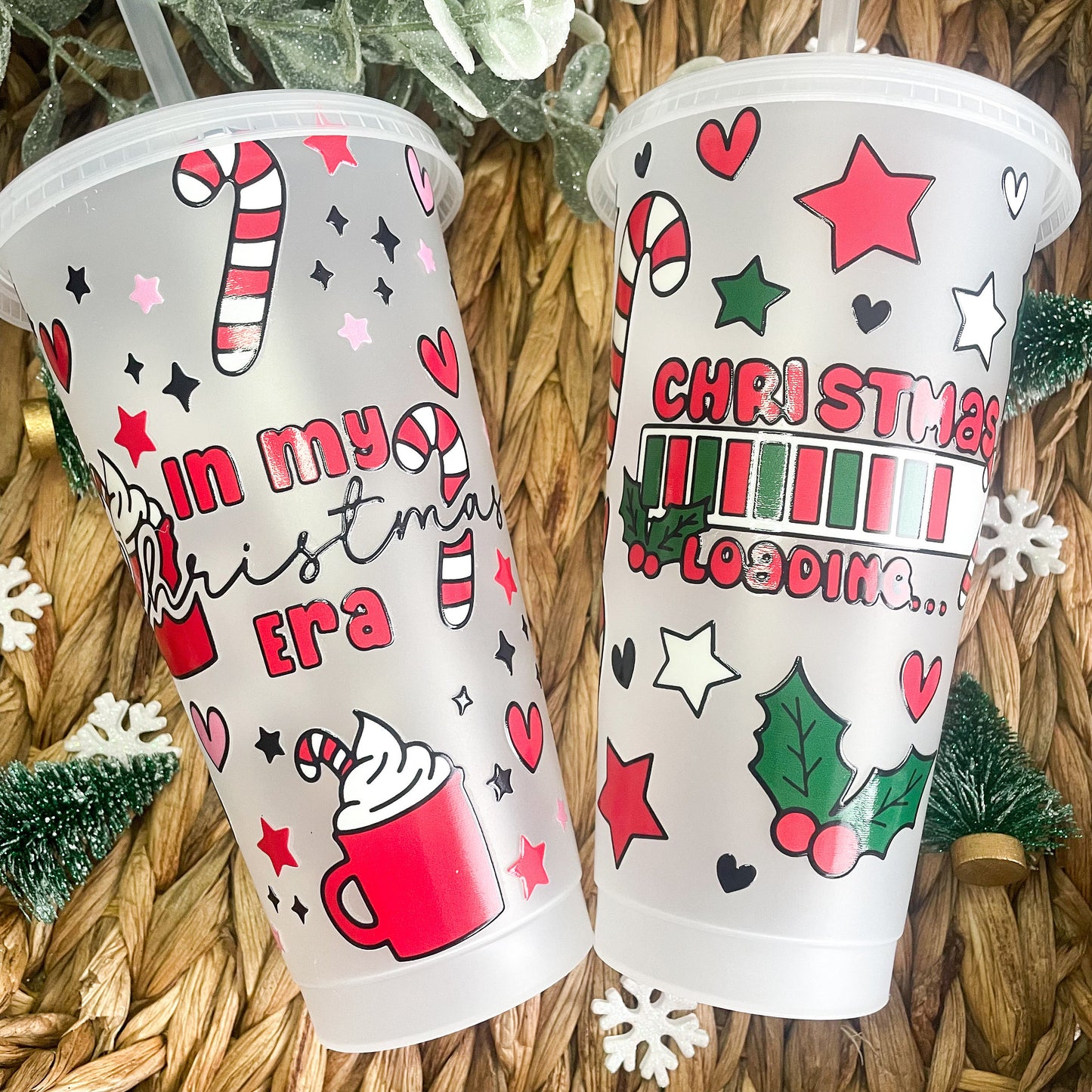 24oz Reusable Christmas Loading Iced Coffee Cup, Tumbler with lid and straw, BPA Free coffee mug, Red and Green Christmas Cup, Christmas Eve