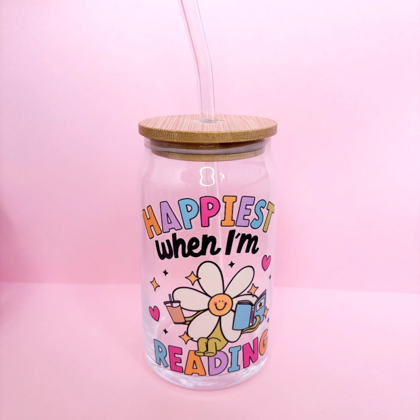 16oz Happiest when Reading Glass Can, Book lovers gift, booktok, bookish, reusable cold coffee cup, travel mug, tumbler with lid and straw