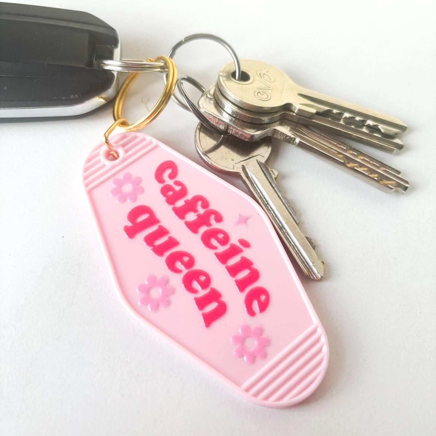 Cute coffee lover keyring, caffeine queen pink motel keychain, Christmas Stocking filler gift idea