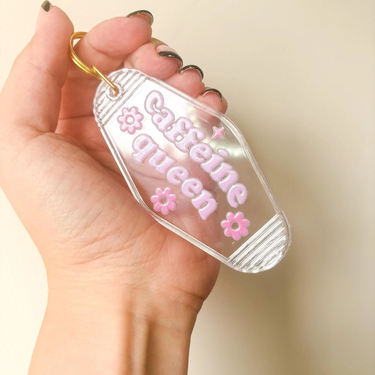 Cute coffee lover keyring, caffeine queen pink motel keychain, Christmas Stocking filler gift idea