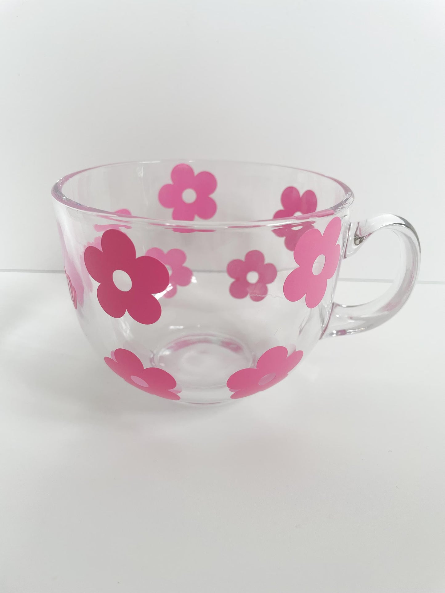 Glass coffee mug with pink flowers, Cappuccino mug, Personalised coffee cup