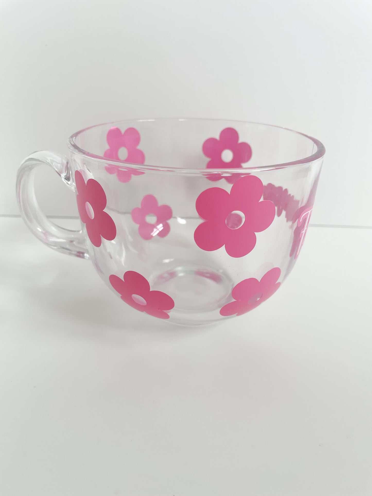 Glass coffee mug with pink flowers, Cappuccino mug, Personalised coffee cup