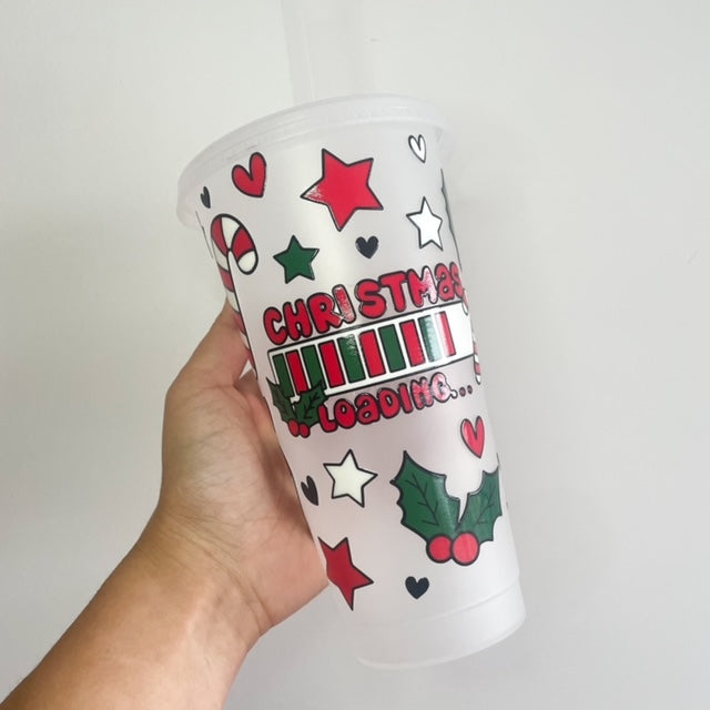 24oz Reusable Christmas Loading Iced Coffee Cup, Tumbler with lid and straw, BPA Free coffee mug, Red and Green Christmas Cup, Christmas Eve