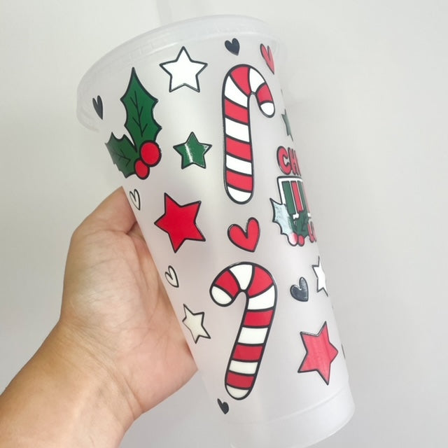 24oz Reusable Christmas Loading Iced Coffee Cup, Tumbler with lid and straw, BPA Free coffee mug, Red and Green Christmas Cup, Christmas Eve