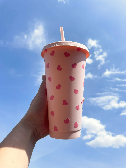 24oz Reusable Cold Cup with Hearts Design