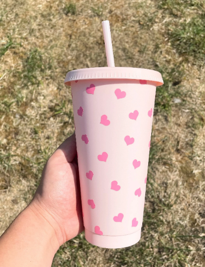 24oz Reusable Cold Cup with Hearts Design