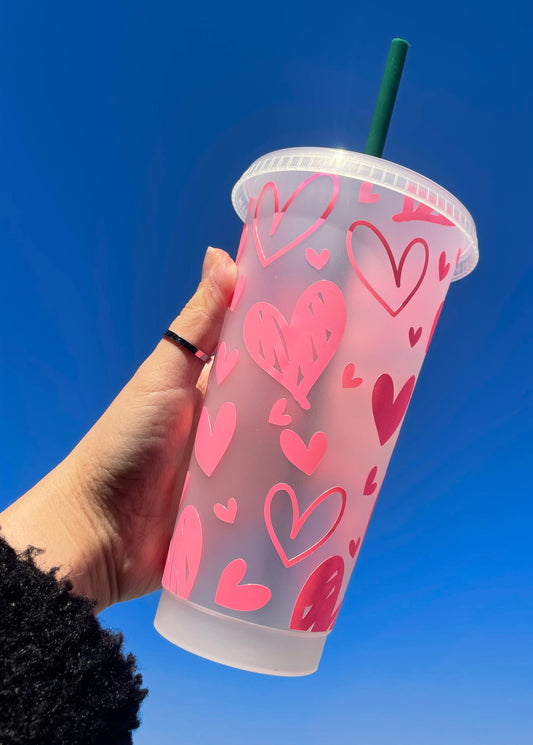 24oz Reusable Cold Coffee Cup with Hearts Design