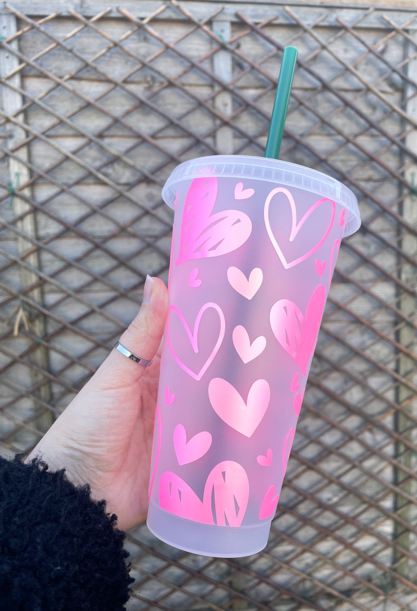 24oz Reusable Cold Coffee Cup with Hearts Design