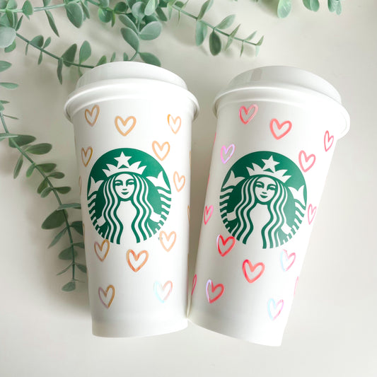 16oz Reusable Starbucks hot cup with hearts