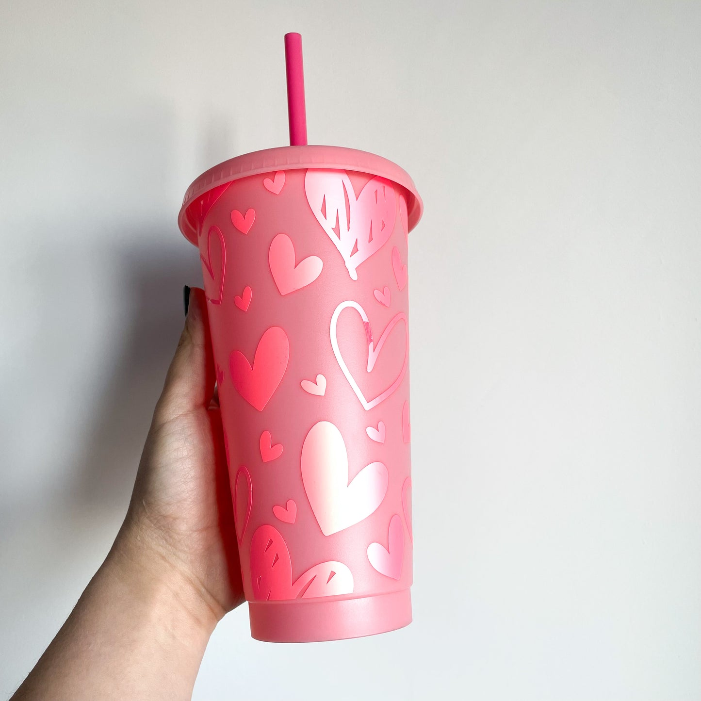 24oz Reusable Cold Coffee Cup with Hearts Design